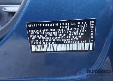 2017 Volkswagen Jetta 1.4T Se z USA, uszkodzony, nr VIN 3VWDB7AJ8HM394865